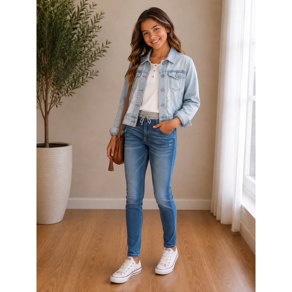 rue21 Kids Light Wash Distressed Denim Jacket Plaid Lined Size L